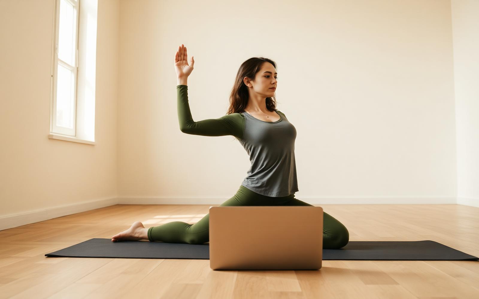 A woman practicing a seated yoga pose in a bright room with an open laptop in front of her.