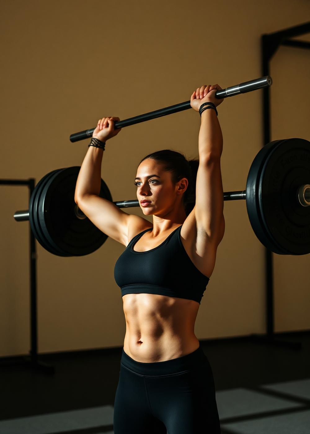 A female athlete pressing a loaded barbell overhead in a minimalist gym.